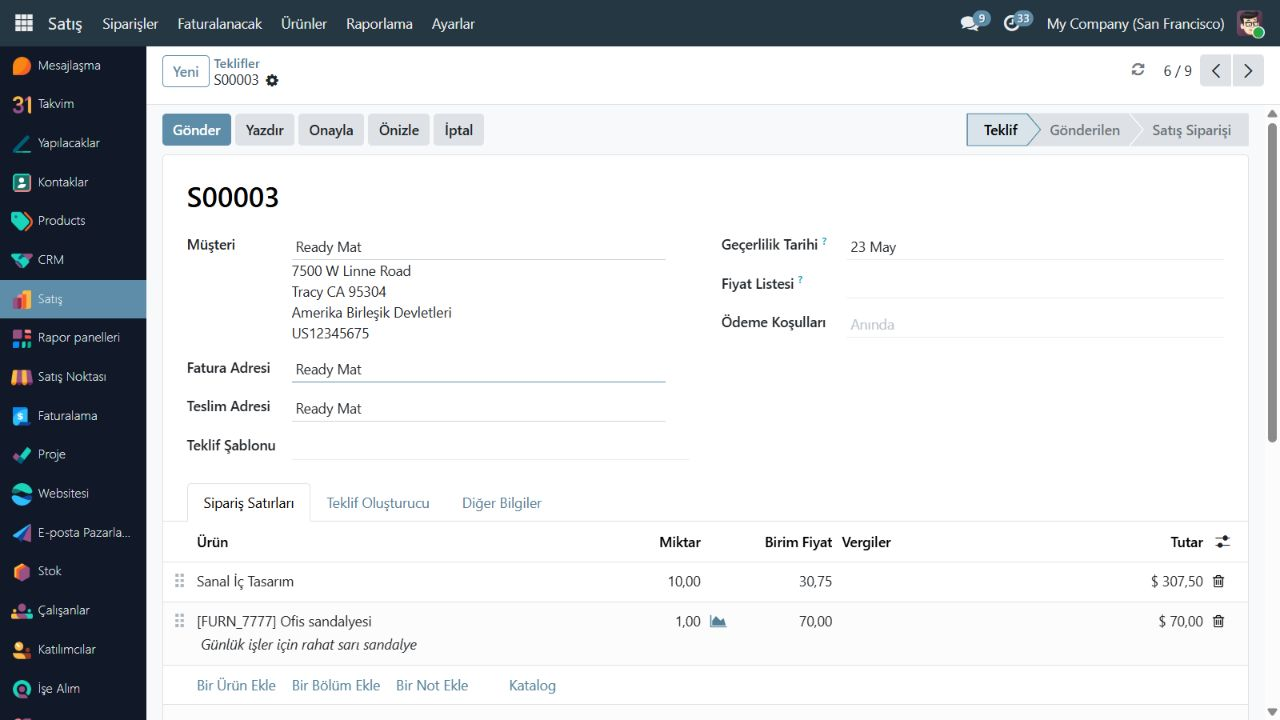 Odoo Community demo ortamında Satış ekranı — örnek görünüm