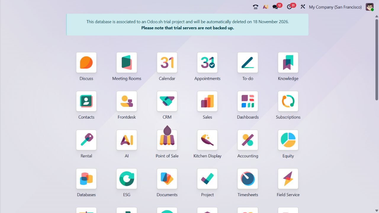 Odoo 19 Enterprise örnek demosunun uygulama menüsü: CRM, Satış, Muhasebe, Proje ve diğer uygulamalar