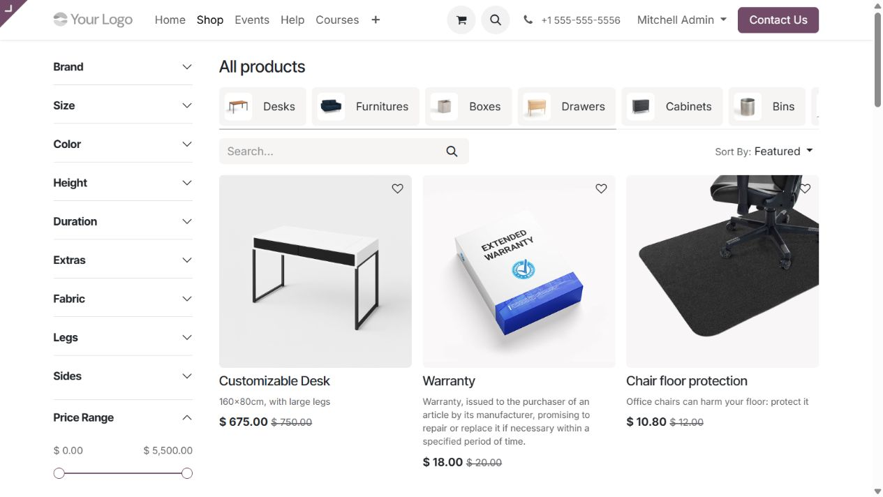 Odoo Enterprise örnek demo ortamında e-ticaret mağazasının ürün vitrini