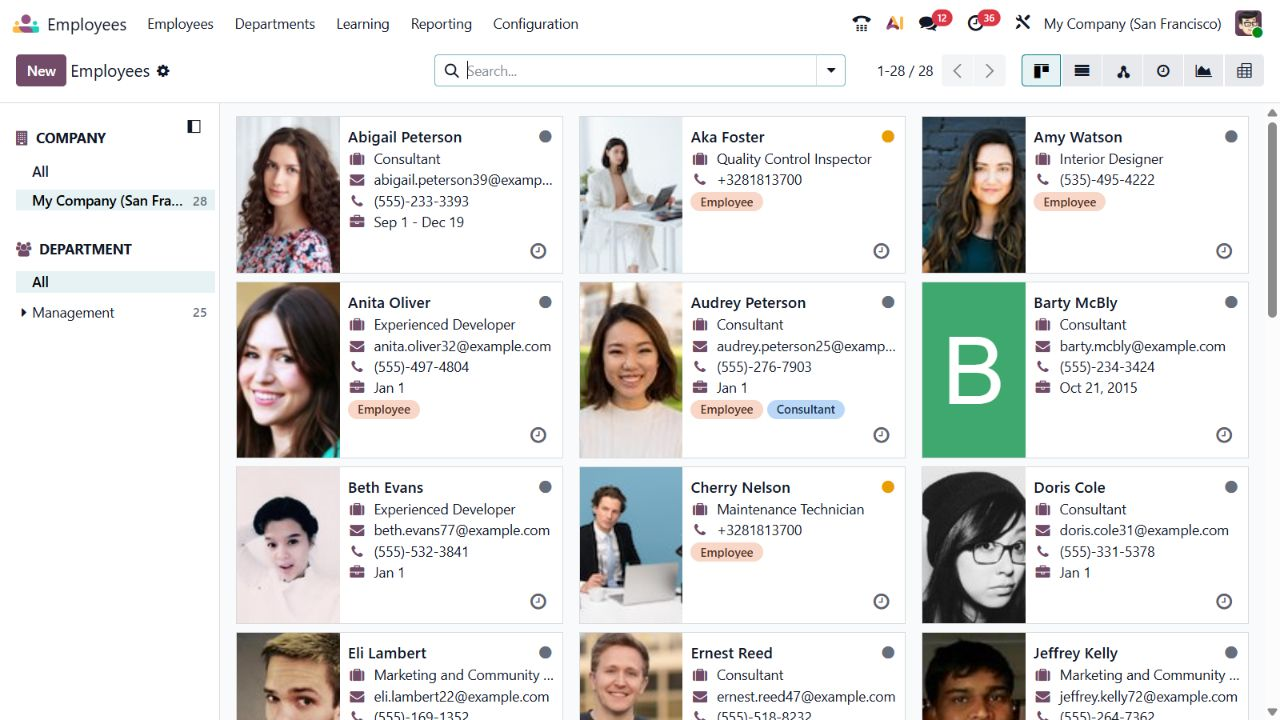 Odoo Enterprise örnek demo ortamında Çalışanlar uygulamasının örnek görünümü