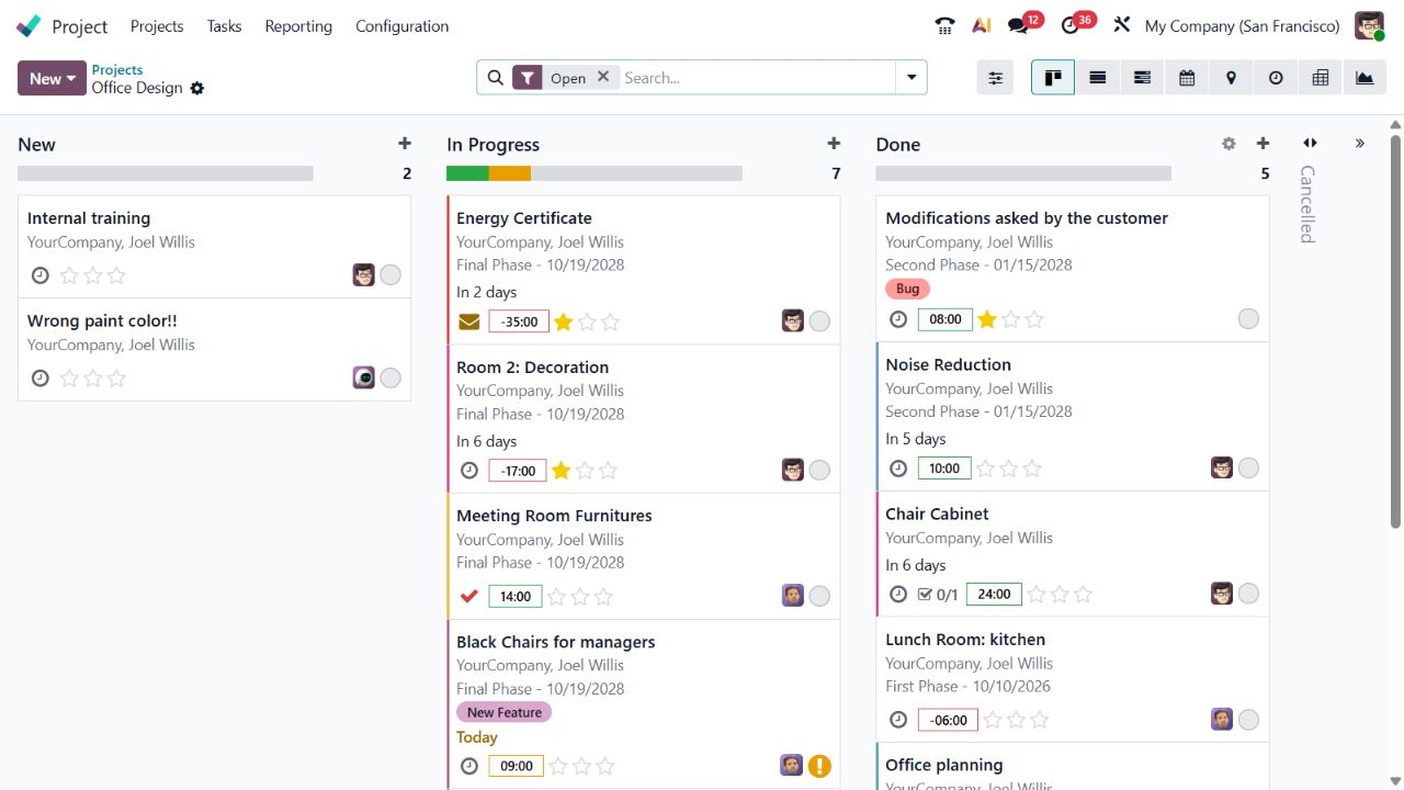 Odoo Enterprise örnek demo ortamında Proje uygulamasının görev görünümü