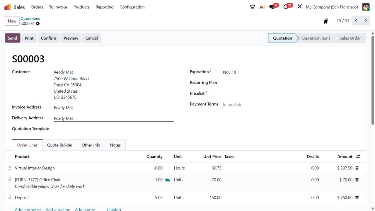 Odoo Enterprise örnek demo ortamında Satış uygulamasının teklif ve sipariş görünümü
