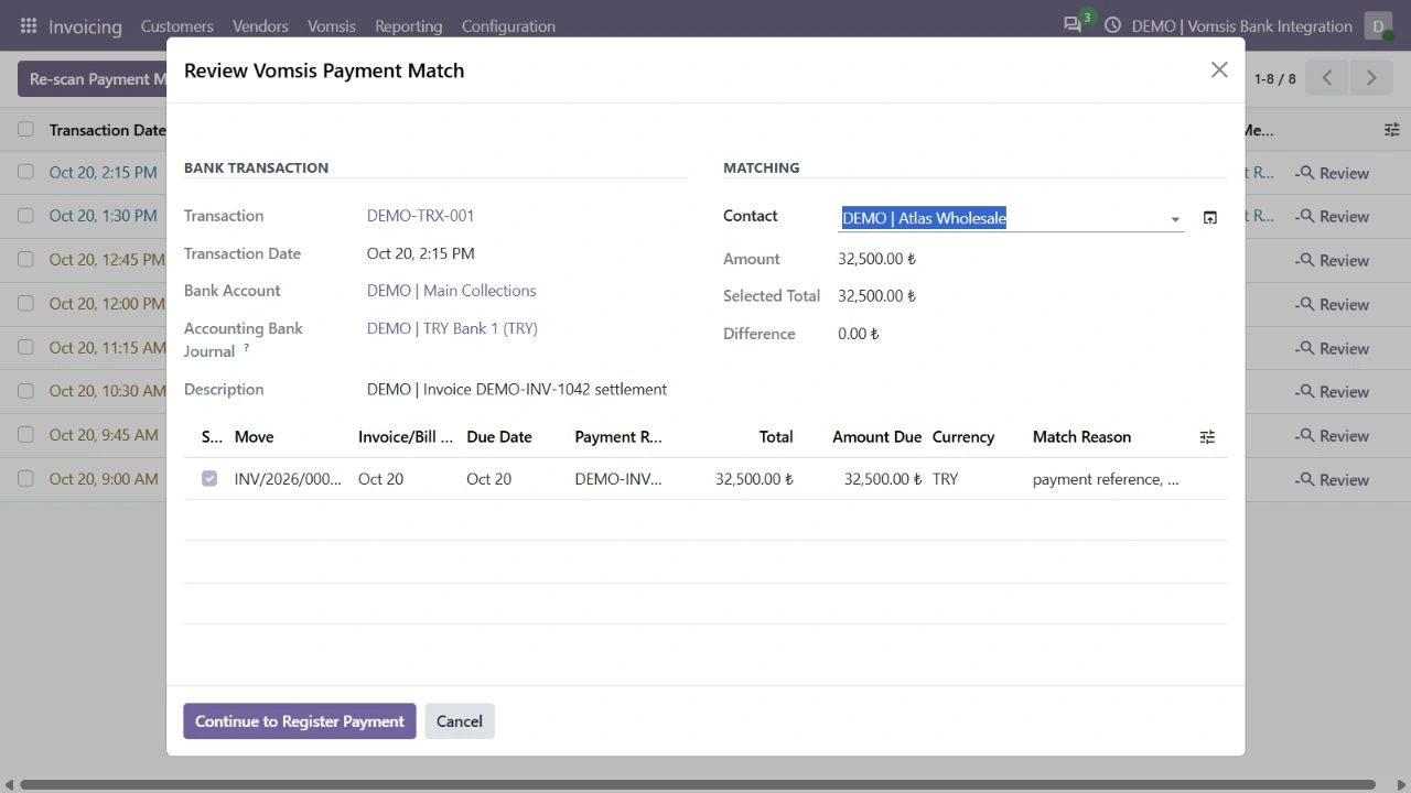 Odoo içinde Vomsis hareketi ile örnek faturanın eşleştirme incelemesi