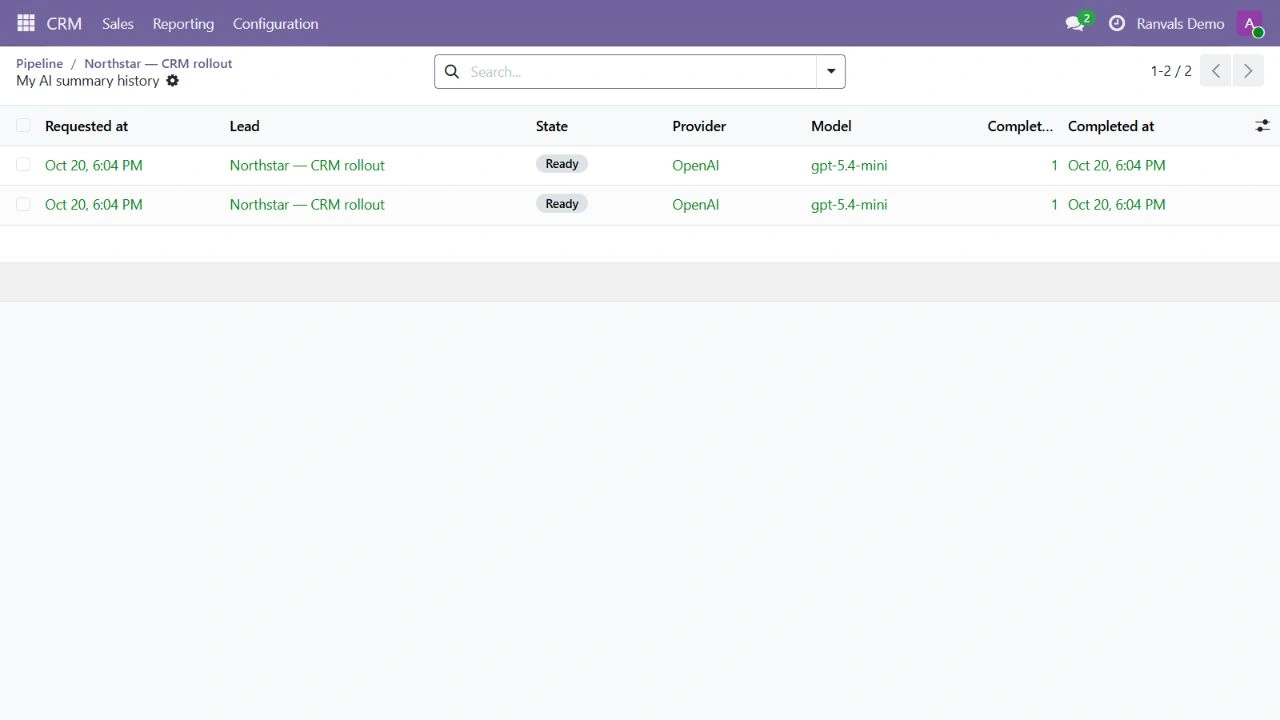 Odoo CRM özet geçmişi ve örnek API kullanım bilgileri