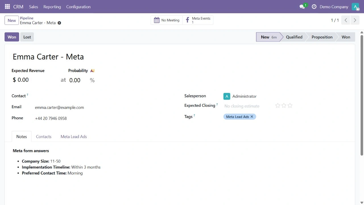Meta başvurusundan oluşan Odoo CRM fırsatı