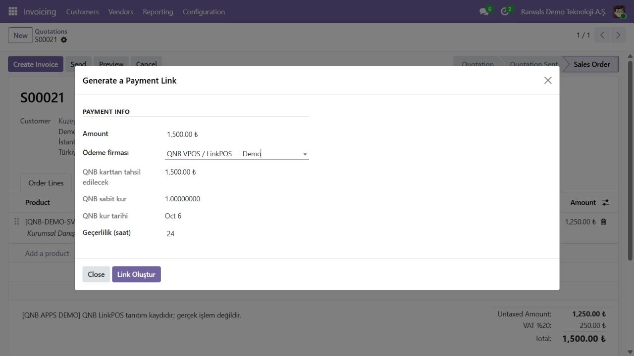 Odoo satış belgesinden QNB ödeme bağlantısı oluşturma
