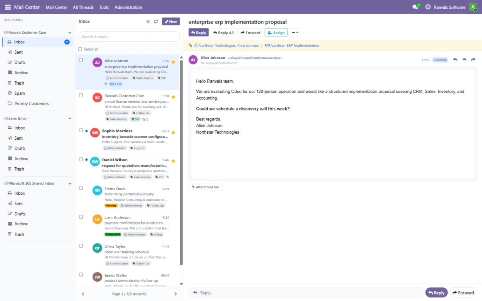 Odoo içinde paylaşımlı e-posta gelen kutusu