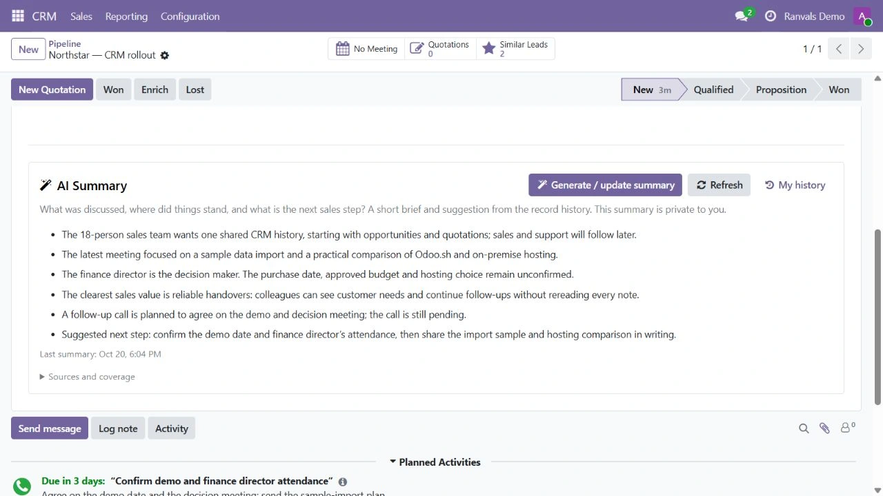 Odoo CRM fırsatında örnek yapay zekâ özeti ve satış ekibi için sonraki adım