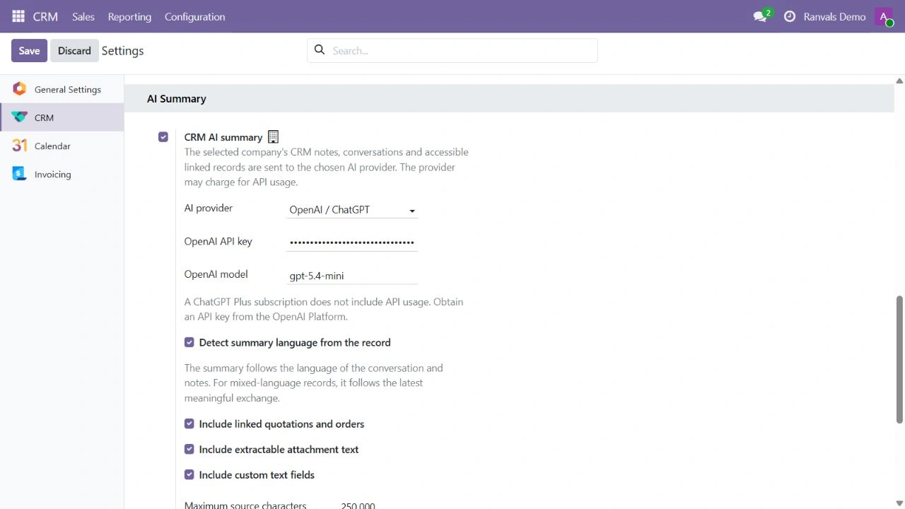 CRM AI Summary sağlayıcı, dil ve kaynak ayarları; maskelenmiş örnek API anahtarı